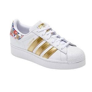 Adidas White Superstar Bold 
Metallic Gold Stripe Floral
Platform Sneakers
